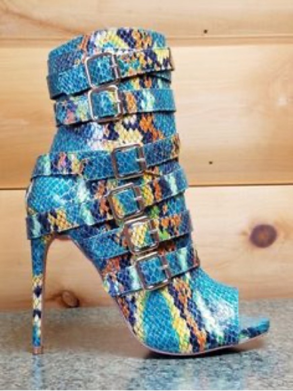 Blue Multicolor Snake-Print Strappy Stiletto Bootie
